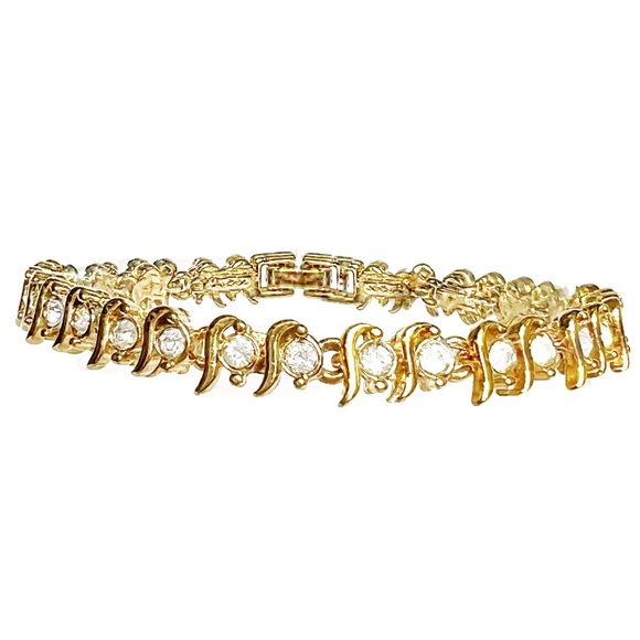 FANCY White Zirconias Stones On 10K Yellow Gold Plated Tennis Bracelet - Picture 2 of 10